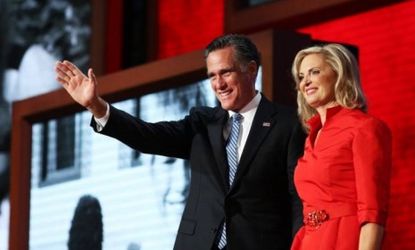 Republican presidential candidate Mitt Romney joins his wife Ann on stage at the RNC in Tampa on Aug. 28: Ann delivered a speech describing her relationship with her husband as not a "storybo