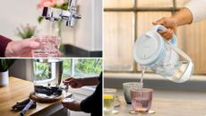 Three different types of water filter from Brita a jug - Taap - a tap attachment - and Doulton a gravity water filter
