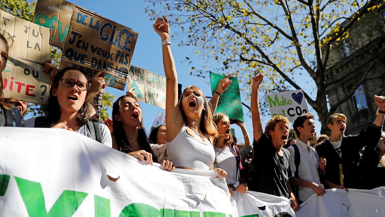Students take part in a protest for climate action on September 20 in Paris.