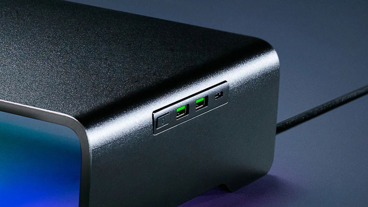 Razer Monitor Stand Chroma, an ergonomic monitor stand and USB-C hub combo with Chroma RGB lighting, close up photo of ports.