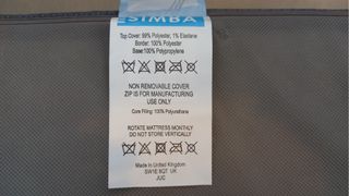 Simba mattress with closeup on instructions label