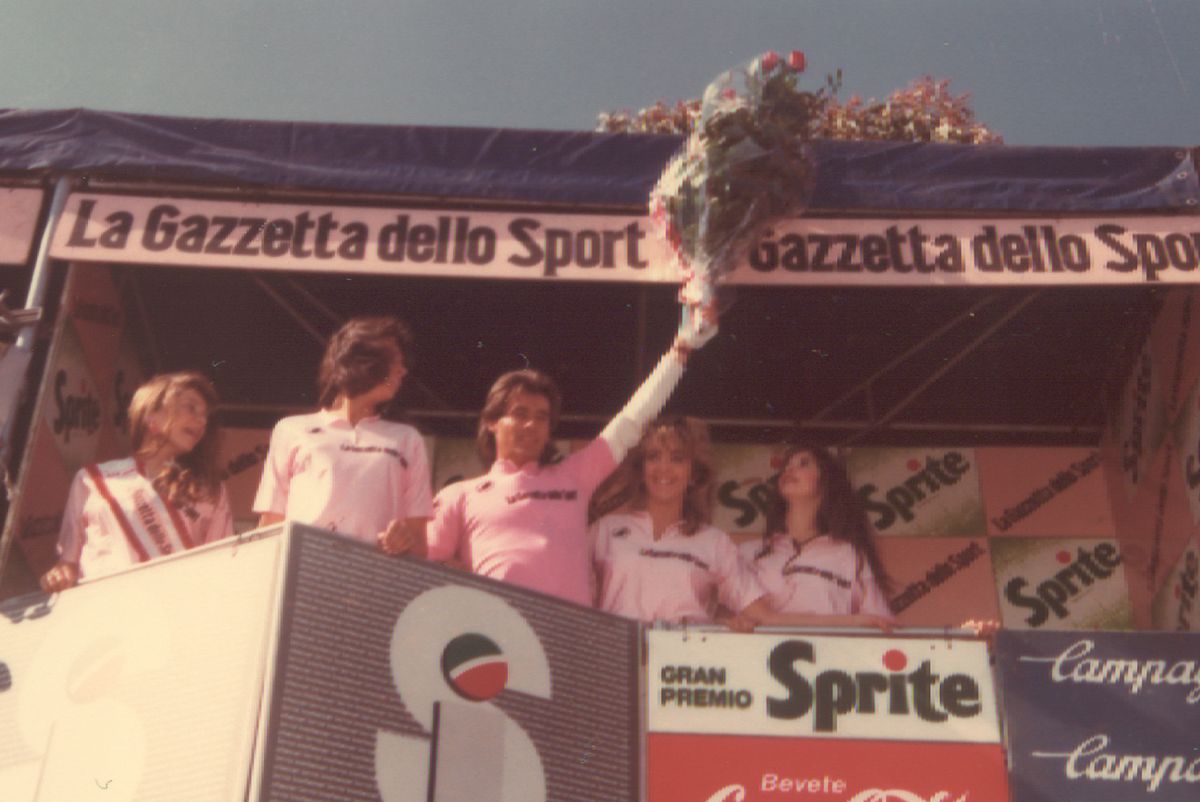 Roberto Visentini in pink in San Remo after the 1987 prologue