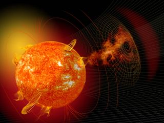 An artist's depiction of the sun releasing a coronal mass ejection.