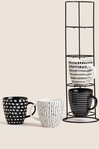 Set of 4 Monochrome Mugs with Stand
