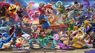 A collage of characters available in Super Smash Bros.