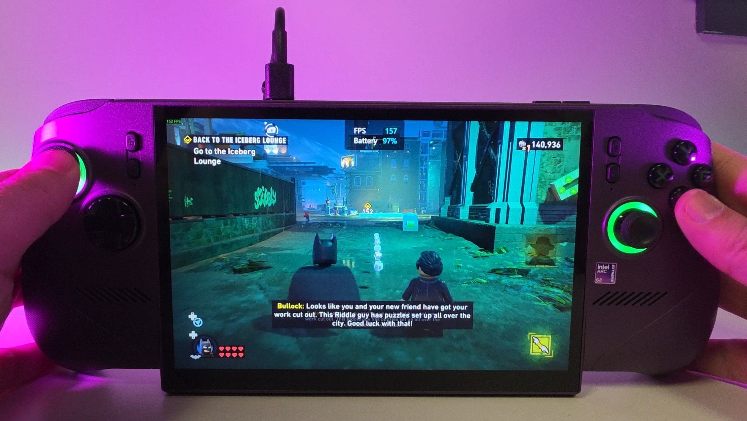 LEGO Batman running on the MSI Claw 8 EX AI+ with Intel XeSS enabled, resulting in 157 FPS thanks to frame-gen.