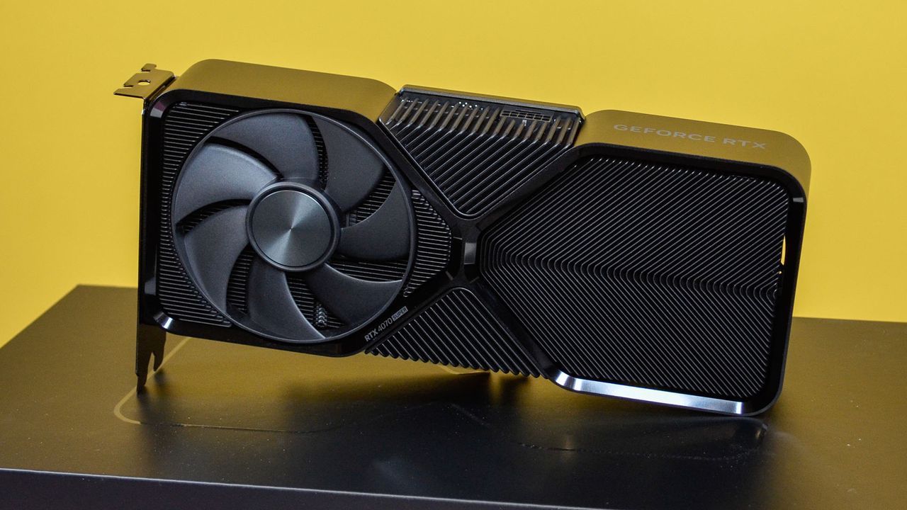 An Nvidia GeForce RTX 4070 Super on a desk in front of a yellow background