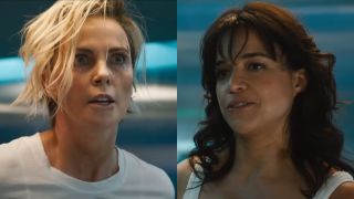 From left to right: Charlize Theron as Cipher looking shocked and Michelle Rodriguez as Letty in Fast X.