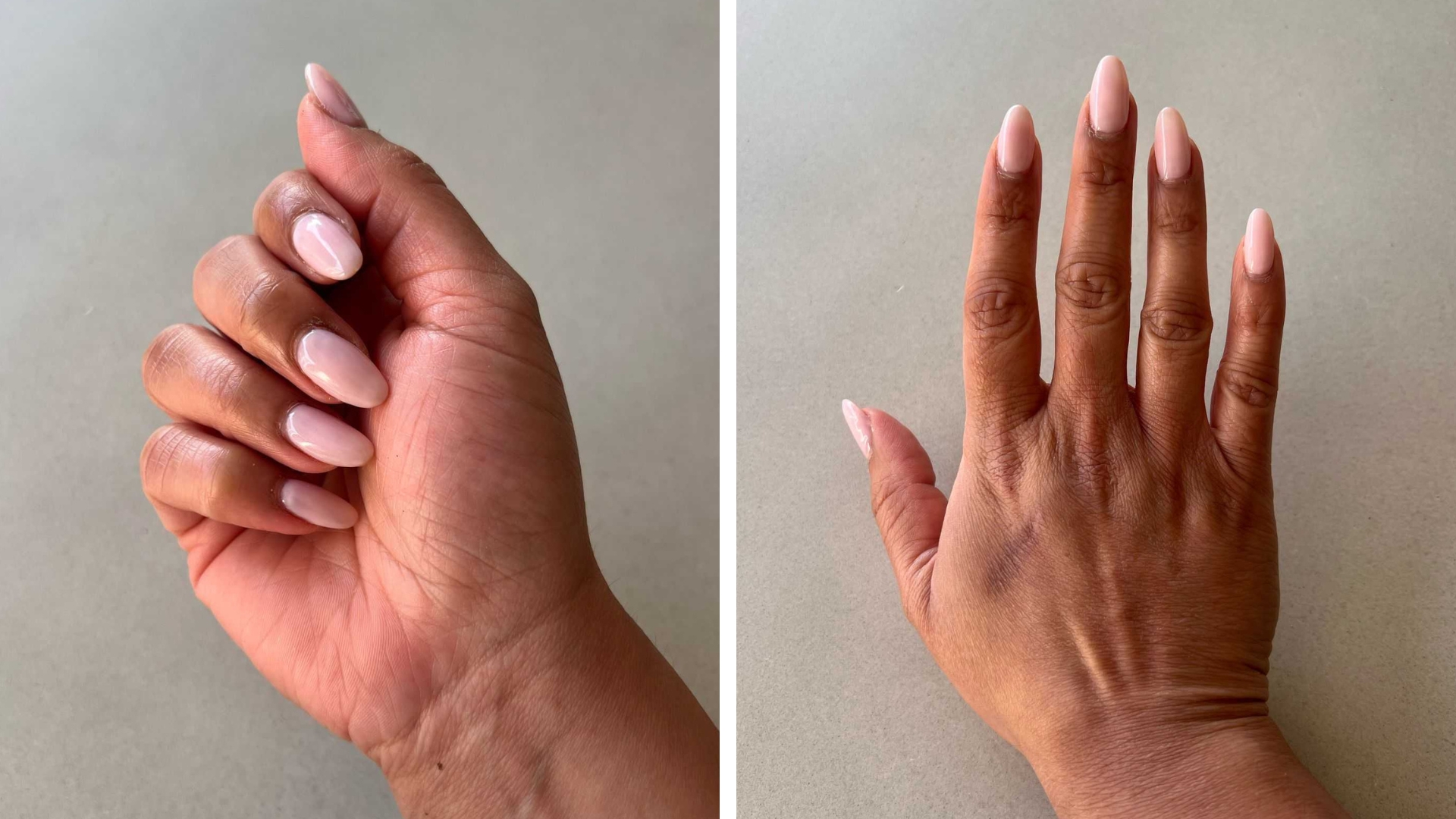 Two close-ups of Digital Beauty Ecom Editor, Aleesha Badkar's sheer pink almond nails, photographed in front of a white surface