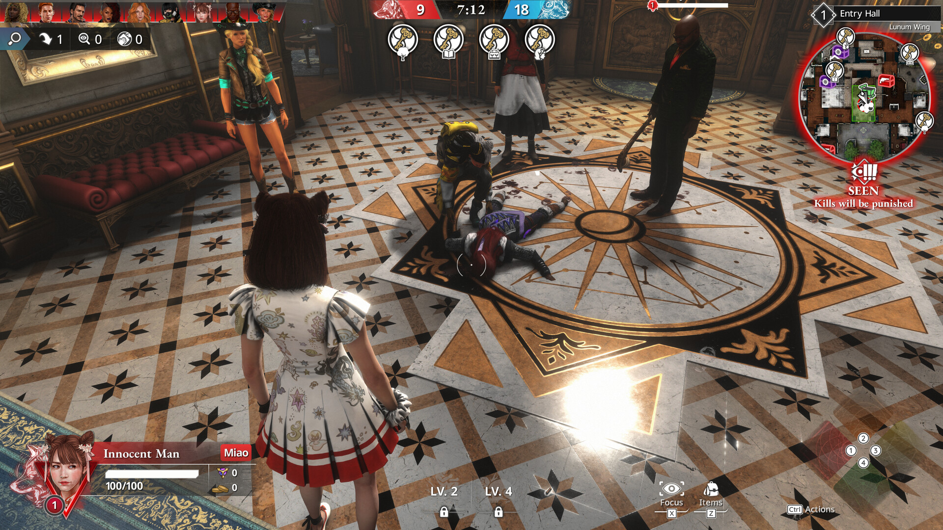 Killer Inn screenshot of characters surrounding a dead body in a hall