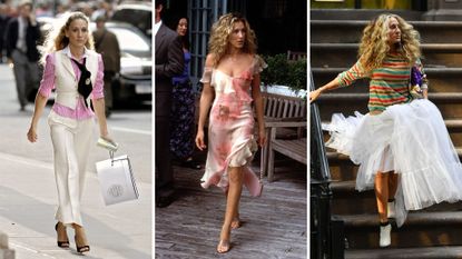 composite of three images showing how to dress like carrie bradshaw and her best outfits