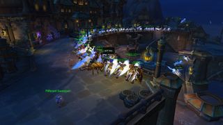 Alliance players riding their snowy gryphons after securing victory over the Horde.