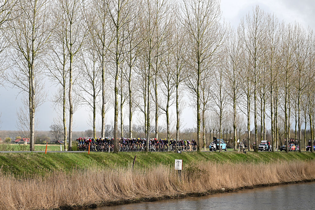 BRUGES, BELGIUM - MARCH 26: A general view of the peloton passing through a landscape during the 9th Ronde van Brugge - Tour of Bruges 2026, Women's Elite a 143.7km one day race from Bruges to Bruges on March 26, 2026 in Bruges, Belgium. (Photo by Luc Claessen/Getty Images)