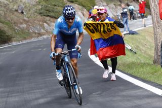 Richard Carapaz (Movistar) heading to the win on stage 14 of the Giro d'Italia