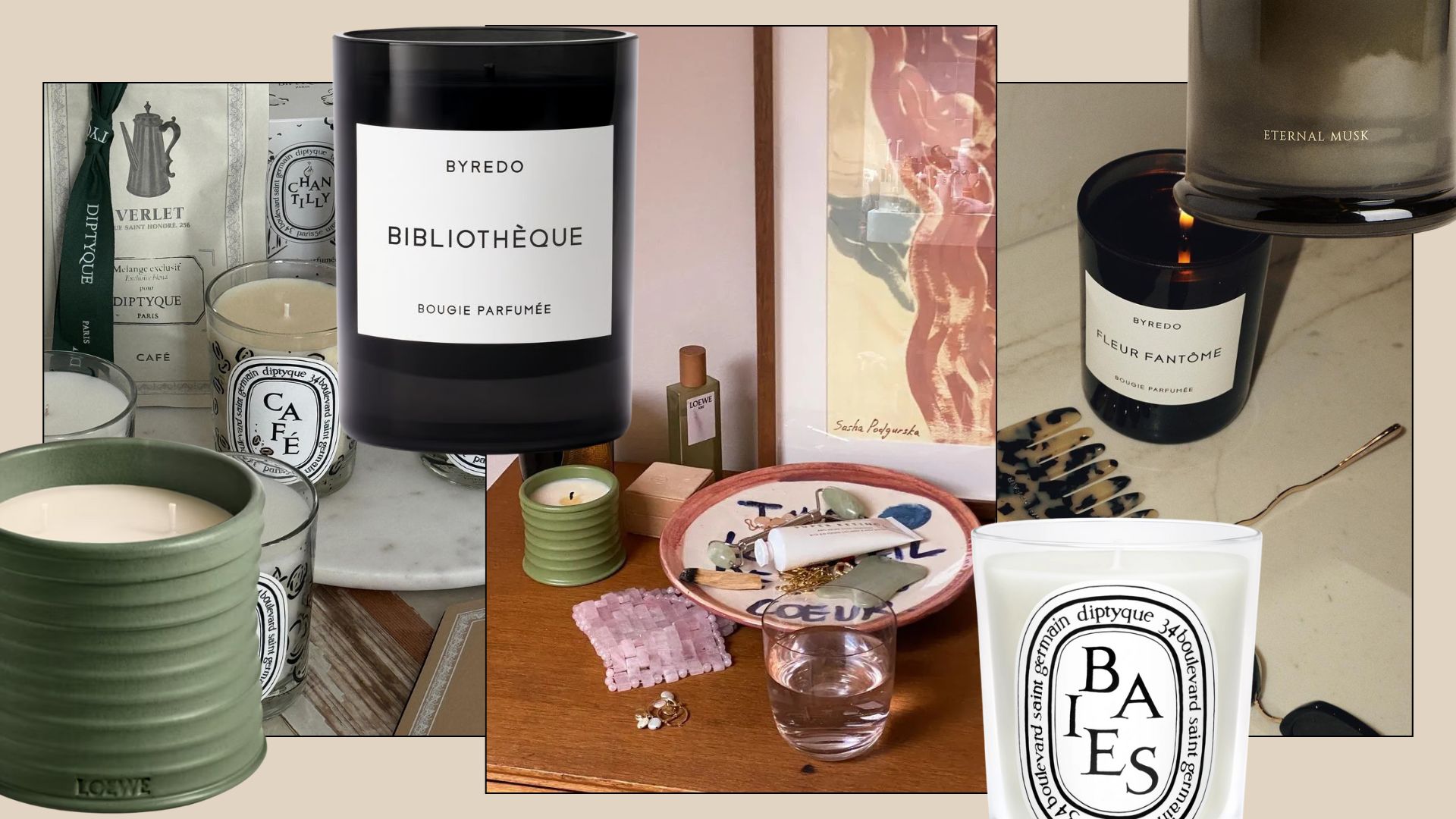 A collage of different candles, from Byredo to Diptyque and Loewe to Marks and Spencers