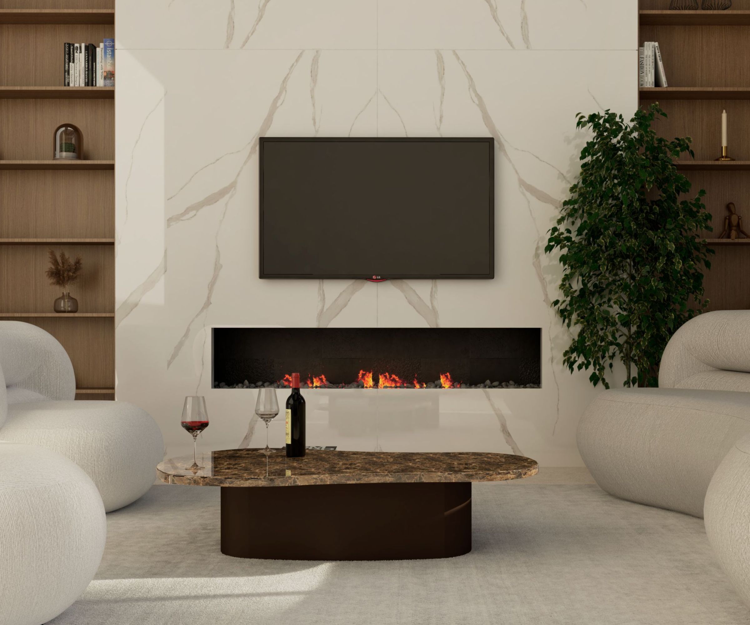 A slim electric fire glows in a marble feature wall beneath a mounted TV, flanked by wooden shelves and cream armchairs.