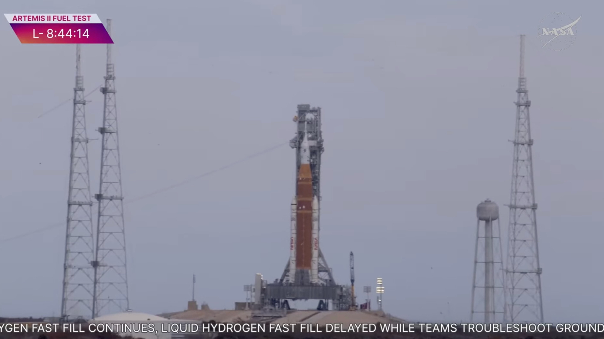 The Artemis 2 stack on the pad at NASA's Kennedy Space Center during its second wet dress rehearsal on Feb. 19, 2026.