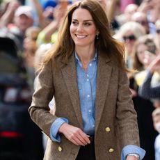 Kate Middleton wearing Holland Barret Tweed Blazer and Boden Blue Linen Shirt