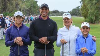 Tiger and Charlie Woods pose with Annika Sorenstam and Will McGee at the 2023 PNC Championship