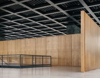 interio with grid ceiling and wood panel of Neue Nationalgalerie refurbishment by David Chipperfield in Berlin