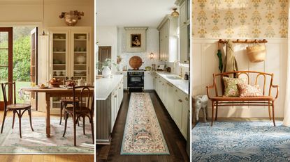 The new Ruggable x Morris & Co. collection pieces in a dining room, kitchen, and entryway