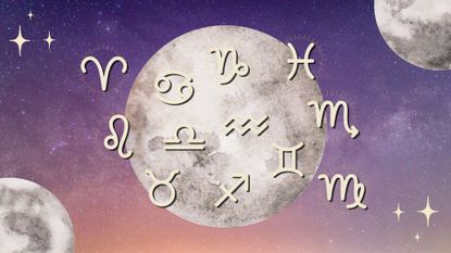 The full moon against a starry sky backdrop alongside the symbols of the zodiac signs