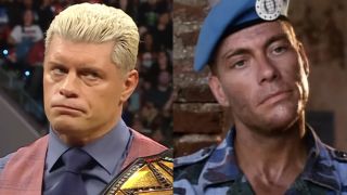 Side by side: Cody Rhodes in WWE ring, Jean-Claude Van Damme's Guile in Street Fighter