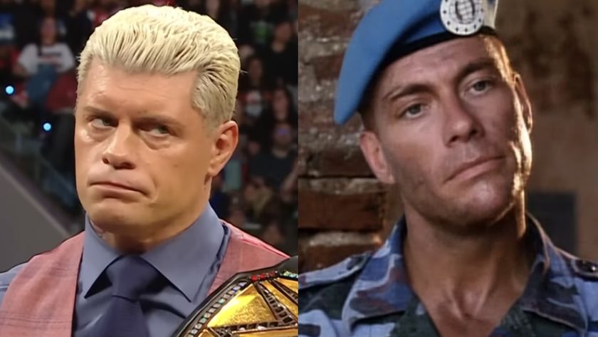 Side by side: Cody Rhodes in WWE ring, Jean-Claude Van Damme&#039;s Guile in Street Fighter