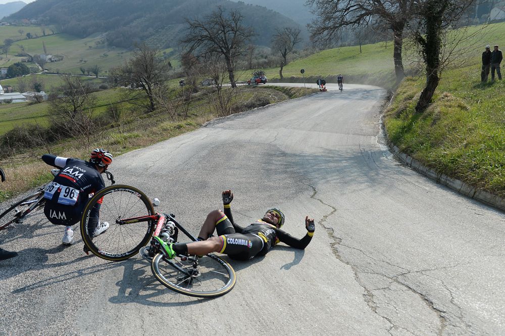 A Colombia rider is involved in a crash.