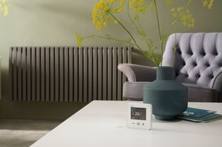A Wiser smart thermostats sits on a table in a living room