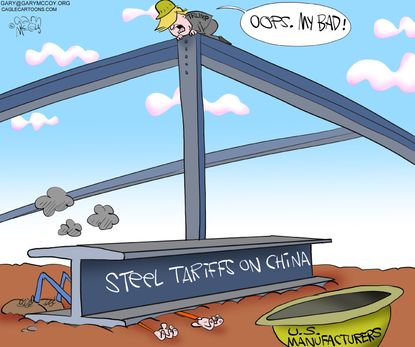 Political cartoon U.S. Trump China steel tariffs trade war