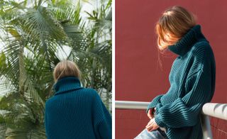 Two images, Left- Back view of model wearing green knit jumper, Right- side view of model wearing a green knit jumper
