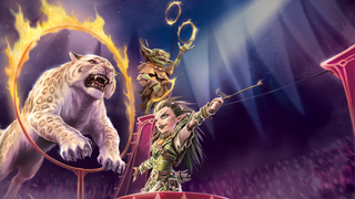 A circus performer leads a giant snow leopard through a burning ring in a busy circus tent in Pathfinder 2e.