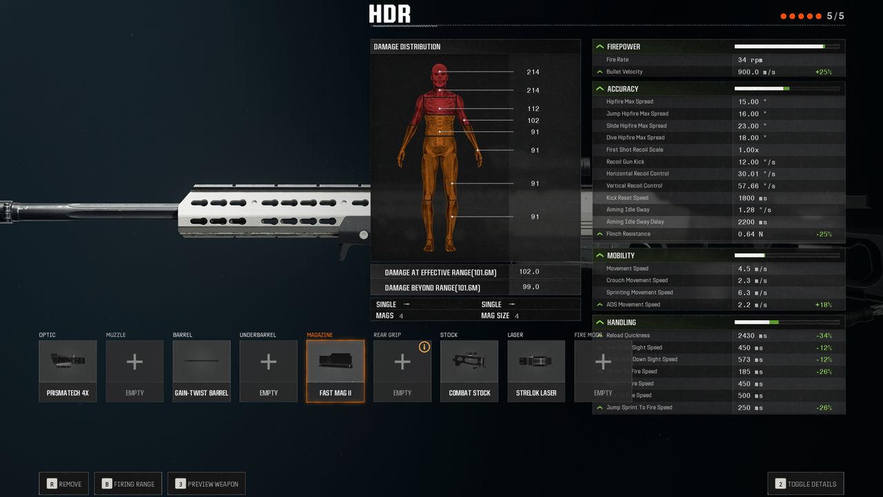 BO6 HDR loadout - The weapon stats for the sniper build.