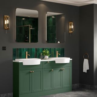 green double vanity unit with lights and mirrors