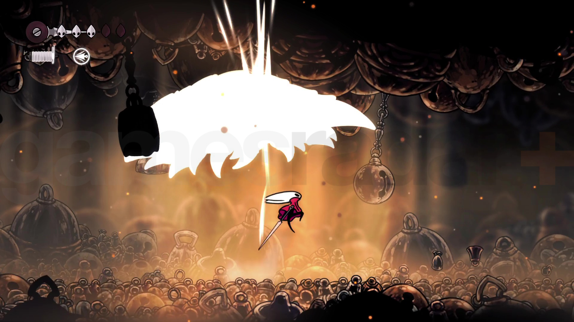 The Hollow Knight Silksong Bell Beast leaps over Hornet as she slashes at its underbelly