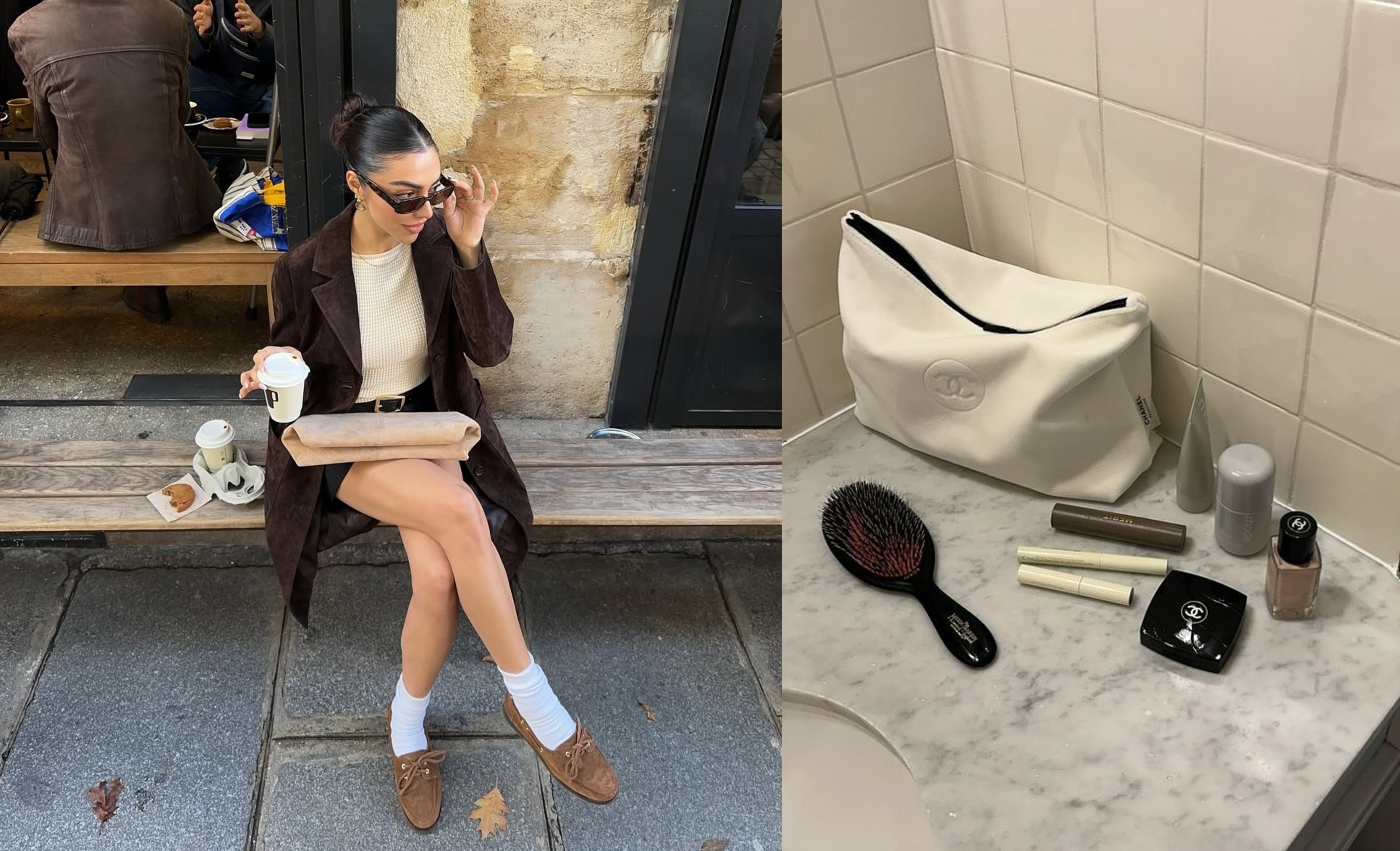 A picture of a woman sitting outside of a coffee shop next to a picture of beauty products on a bathroom sink