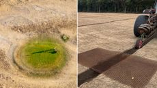 A green seen from above during the summer 2026 drought and a soil application in a fairway drainage channel