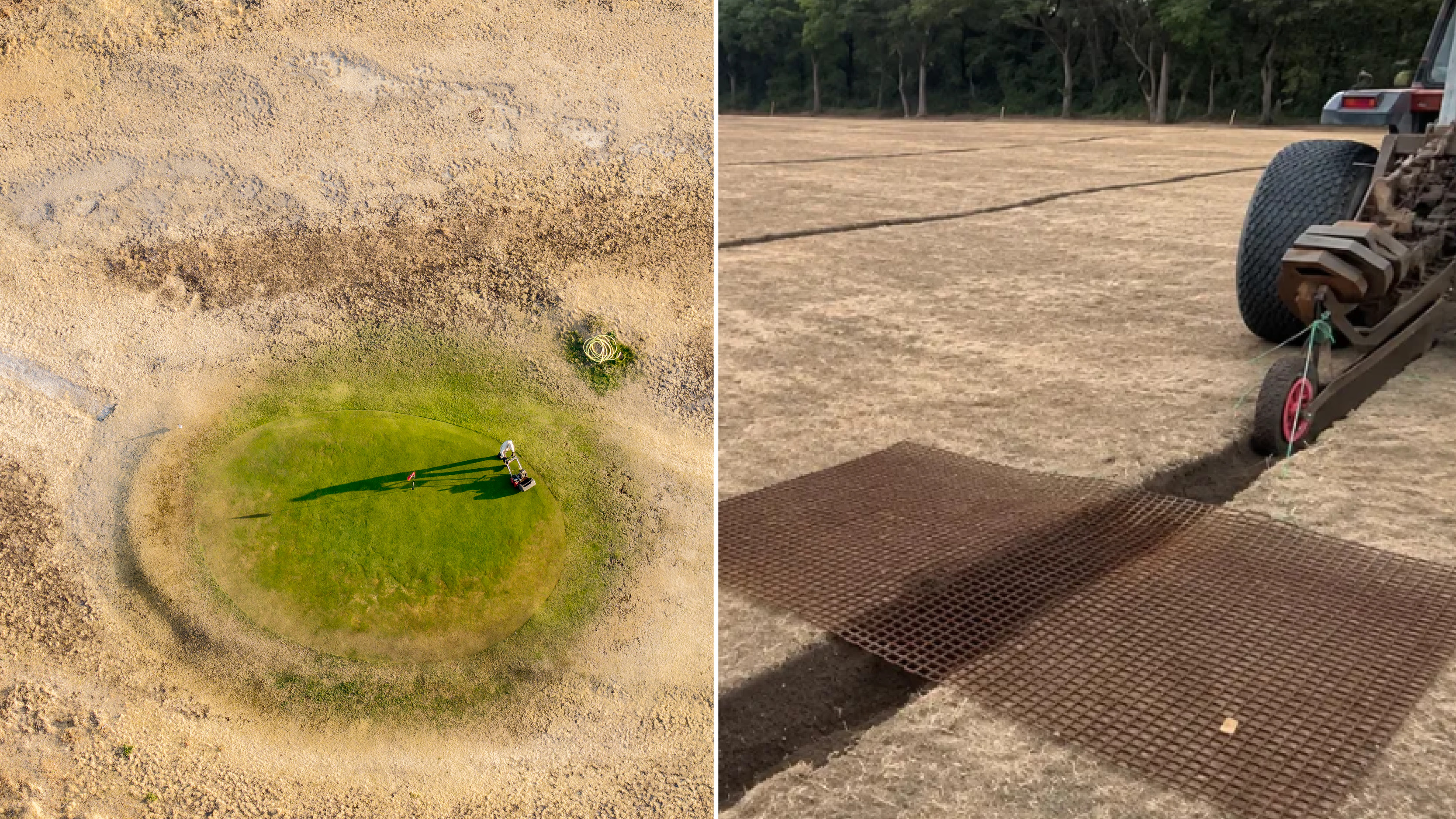 A green seen from above during the summer 2026 drought and a soil application in a fairway drainage channel