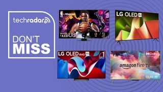 President's Day TV sales image with LG C4, LG B4, Amazon Omni QLED and Hisense U8N on purple background 