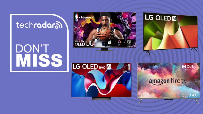 President&#039;s Day TV sales image with LG C4, LG B4, Amazon Omni QLED and Hisense U8N on purple background 