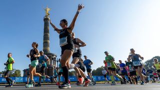 Athletes run during the 47th Berlin Marathon 2021 on September 26, 2021 in Berlin, Germany