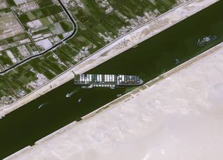 An Airbus-built Pleiades Earth-observation satellite captured this view of the Ever Given container ship stuck in the Suez Canal on March 25, 2021.