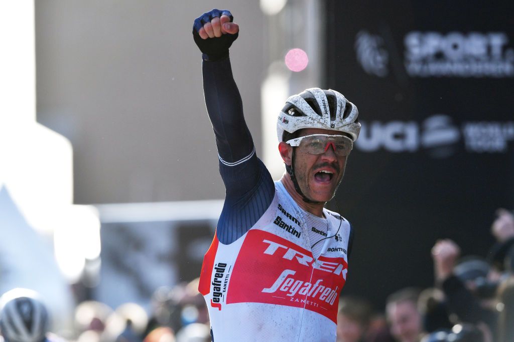 NINOVE BELGIUM FEBRUARY 29 Arrival Jasper Stuyven of Belgium and Team Trek Segafredo Celebration Yves Lampaert of Belgium and Team Deceuninck QuickStep during the 75th Omloop Het Nieuwsblad 2020 Men Race a 200km race from Ghent to Ninove OmloopHNB OHN20 on February 29 2020 in Ninove Belgium Photo by Tim de WaeleGetty Images