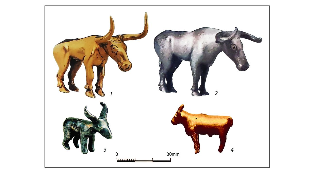 Figurines with vertical perforations: 1&ndash;2) gold and silver bull figurines from the Maikop kurgan; 3) silver figurine, possibly of a gazelle, from the Staromyshastovsky hoard; 4) animal (Ovis) figurine from Uruk made from bitumen and covered in gold.