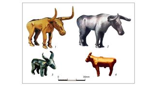 Figurines with vertical perforations: 1–2) gold and silver bull figurines from the Maikop kurgan; 3) silver figurine, possibly of a gazelle, from the Staromyshastovsky hoard; 4) animal (Ovis) figurine from Uruk made from bitumen and covered in gold.
