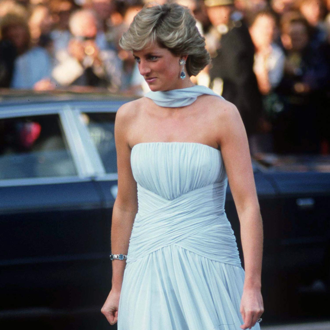 Princess Diana wearing a blue dress at the Cannes Film Festival