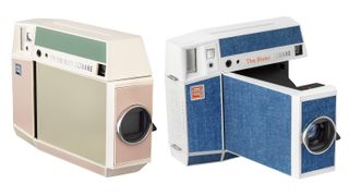 Lomo’Instant Square Glass folded Pemberley edition and open The Blues edition cameras on white background