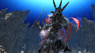 Susano, a boss in Final Fantasy 14, stands poised and ready to strike among a stormcloud of rain.