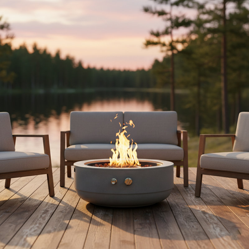 Ebern Designs 24&amp;ldquo; H * 27" W Round Patio Propane Outdoor Fire Pit 40,000btu With Concrete Color | Wayfair